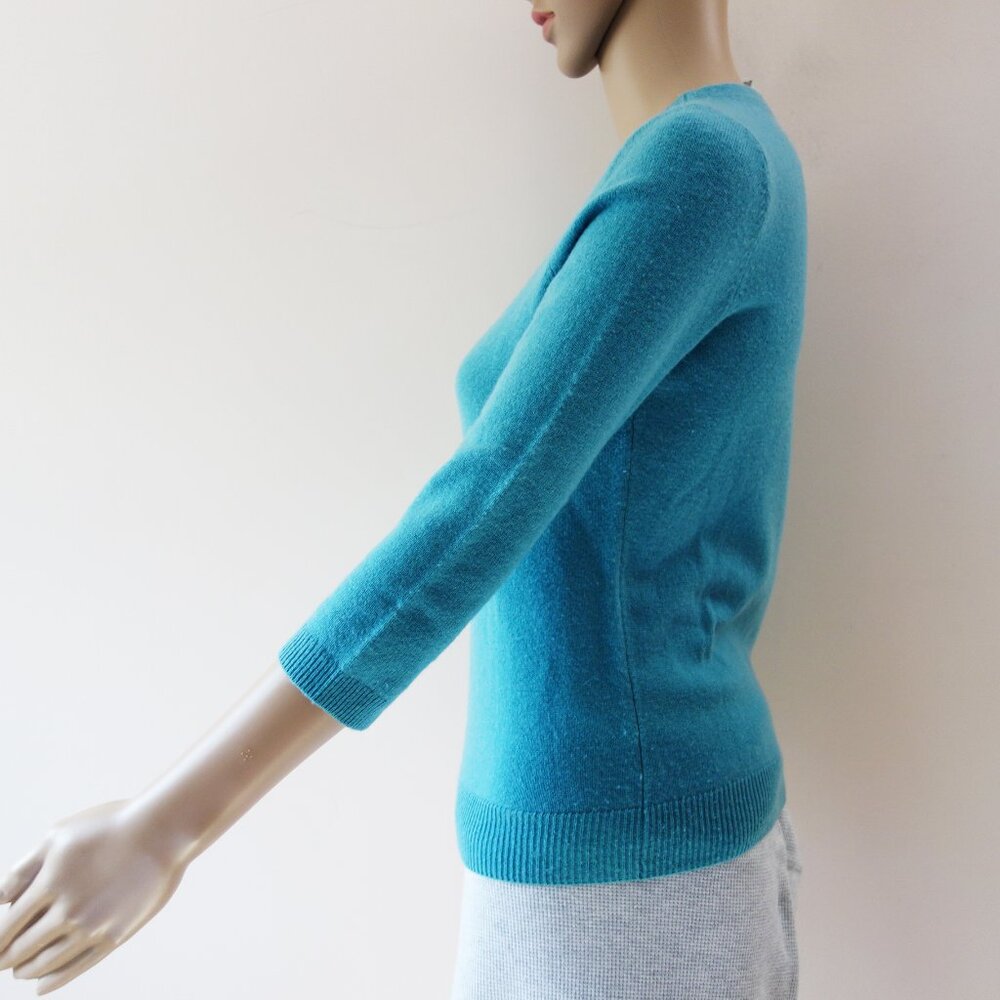 Talbots Aqua Blue Pure Cashmere 100% Crewneck Sweater 3/4 Sleeves (S Petite) EUC - Picture 4 of 10